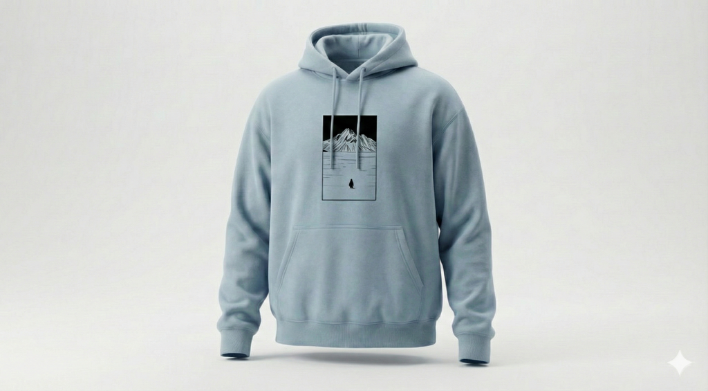 "Nihilist Penguen" Baskılı Mavi Oversize Kapüşonlu Sweatshirt