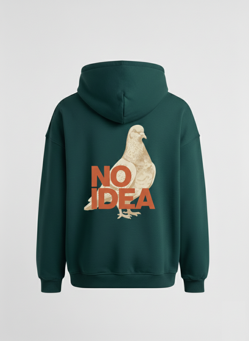 "No İdea Bird" Baskılı Oversize Kapüşonlu Sweatshirt - Koyu Yeşil