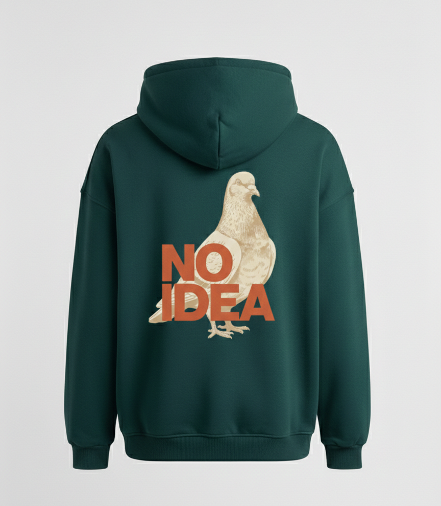 "No İdea Bird" Baskılı Oversize Kapüşonlu Sweatshirt - Koyu Yeşil