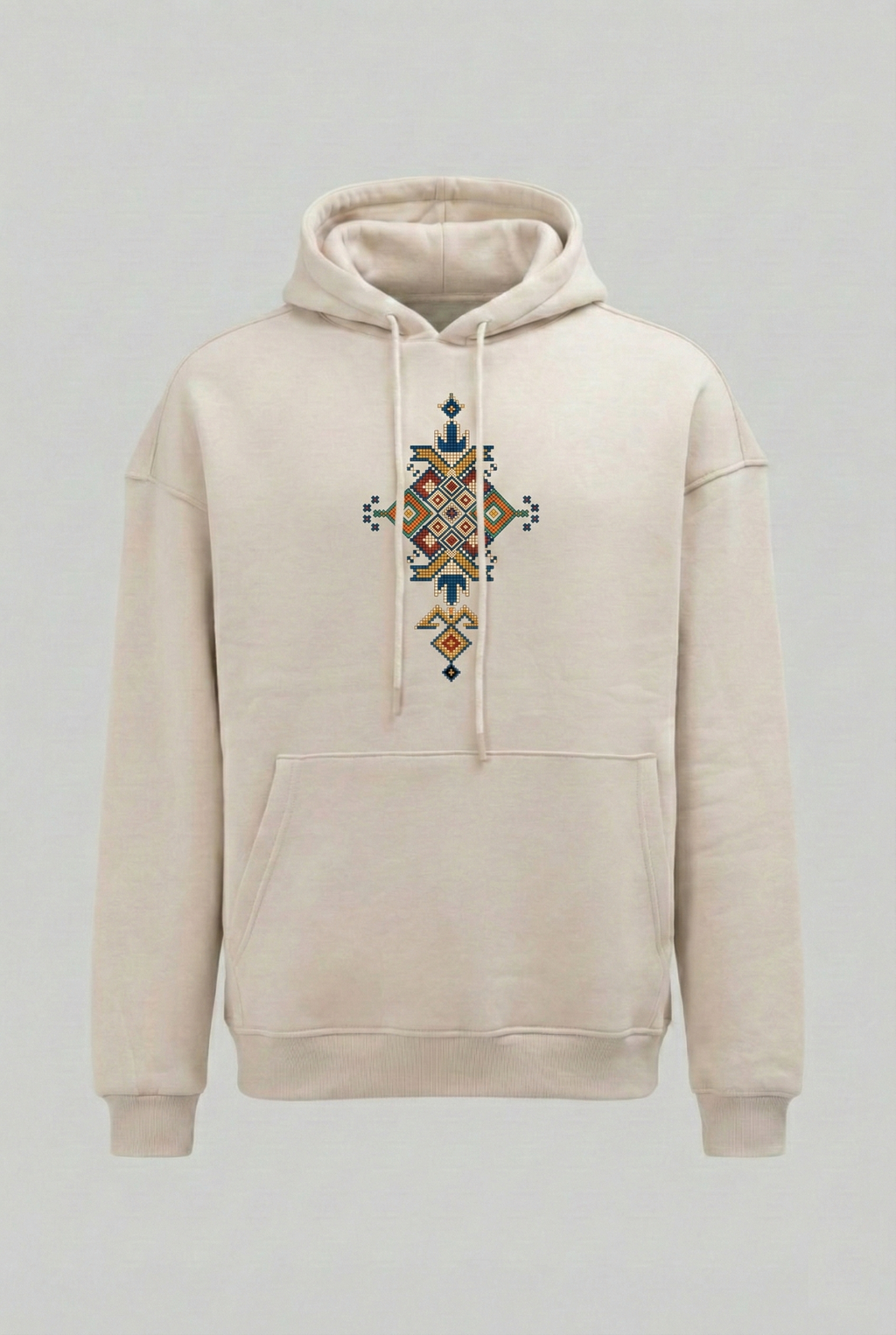 "Motifli" Baskılı Bej Oversize Kapüşonlu Sweatshirt