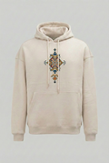 "Motifli" Baskılı Bej Oversize Kapüşonlu Sweatshirt
