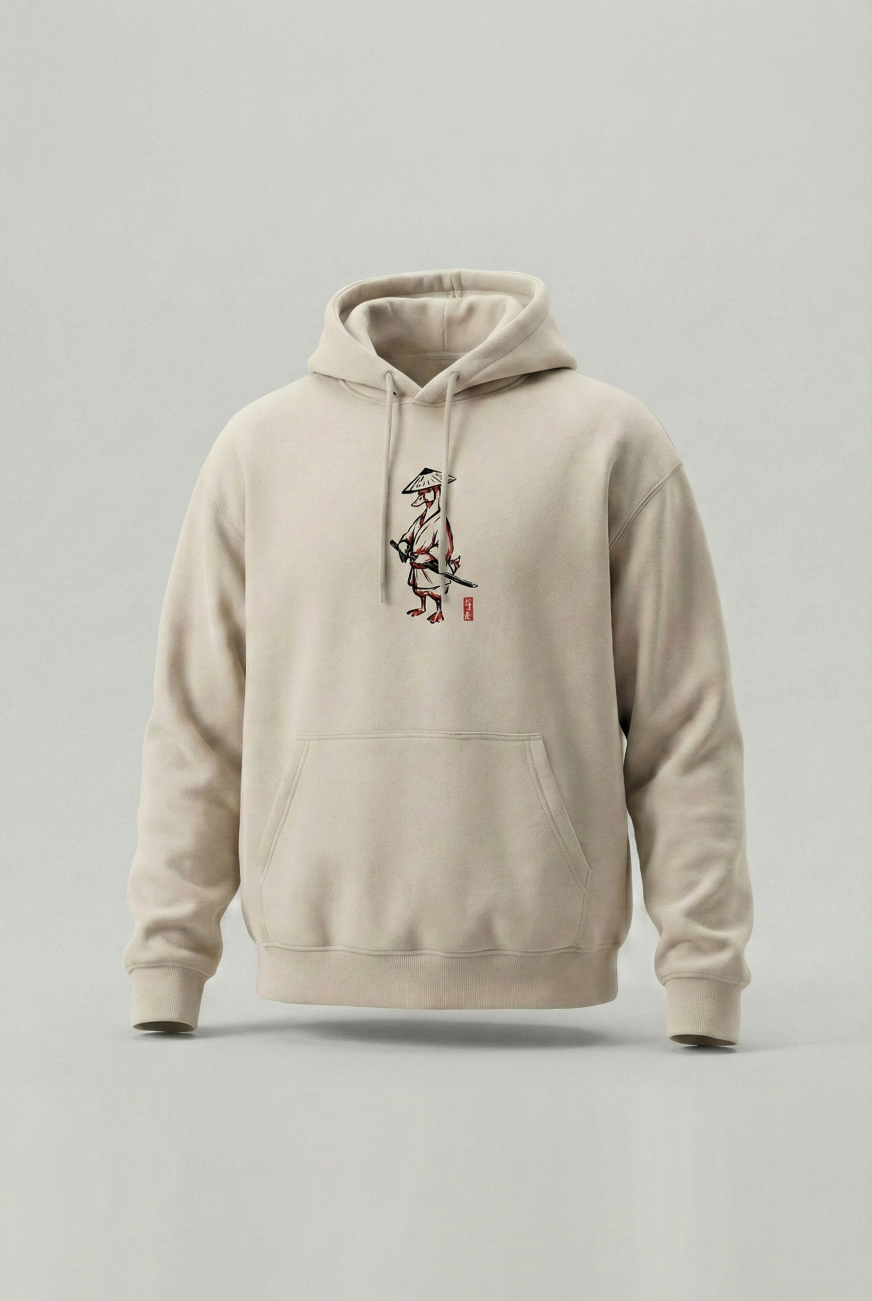 "Samurai Duck" Baskılı Bej Oversize Kapüşonlu Sweatshirt
