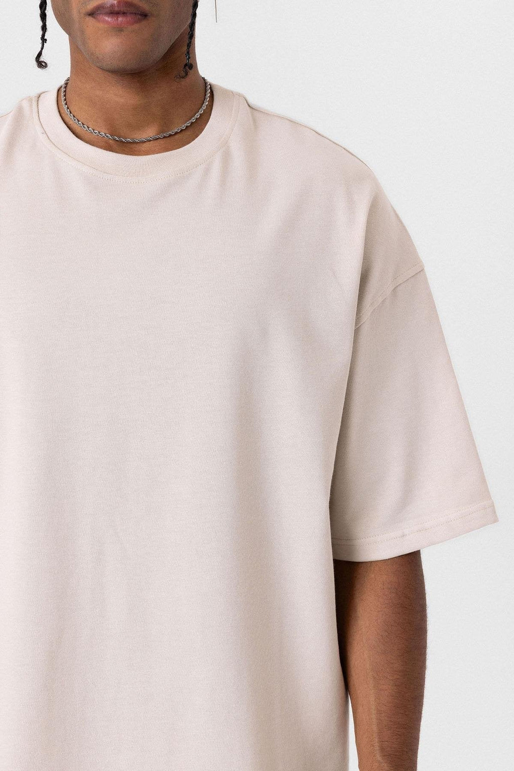 Basic Oversize Bisiklet Yaka Tişört Bej