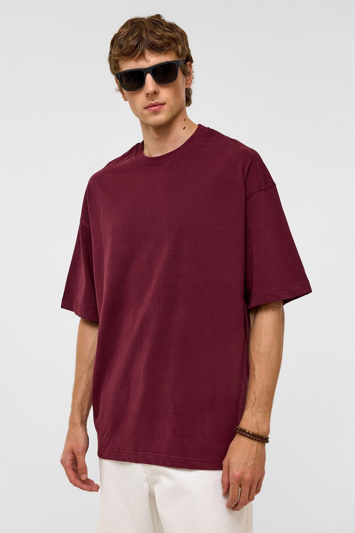 Basic Oversize Bisiklet Yaka Tişört Bordo