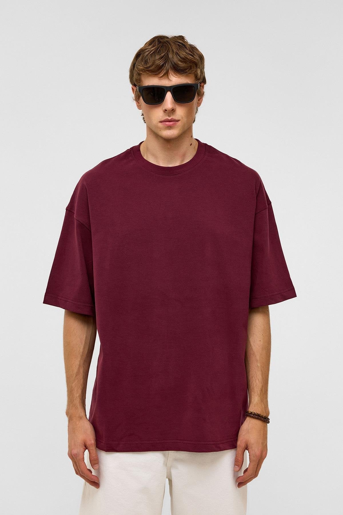 Basic Oversize Bisiklet Yaka Tişört Bordo