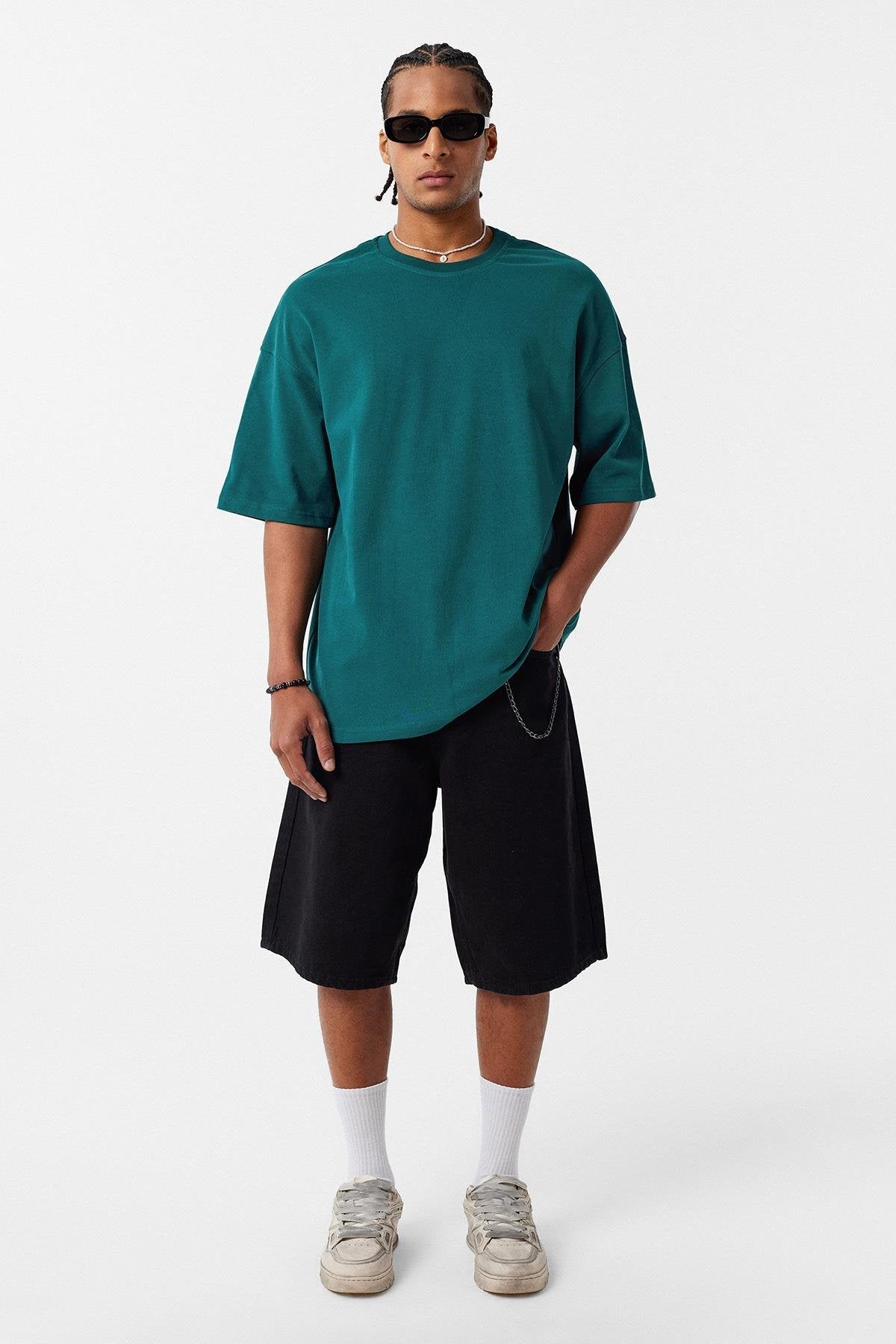 Basic Oversize Bisiklet Yaka Tişört Petrol