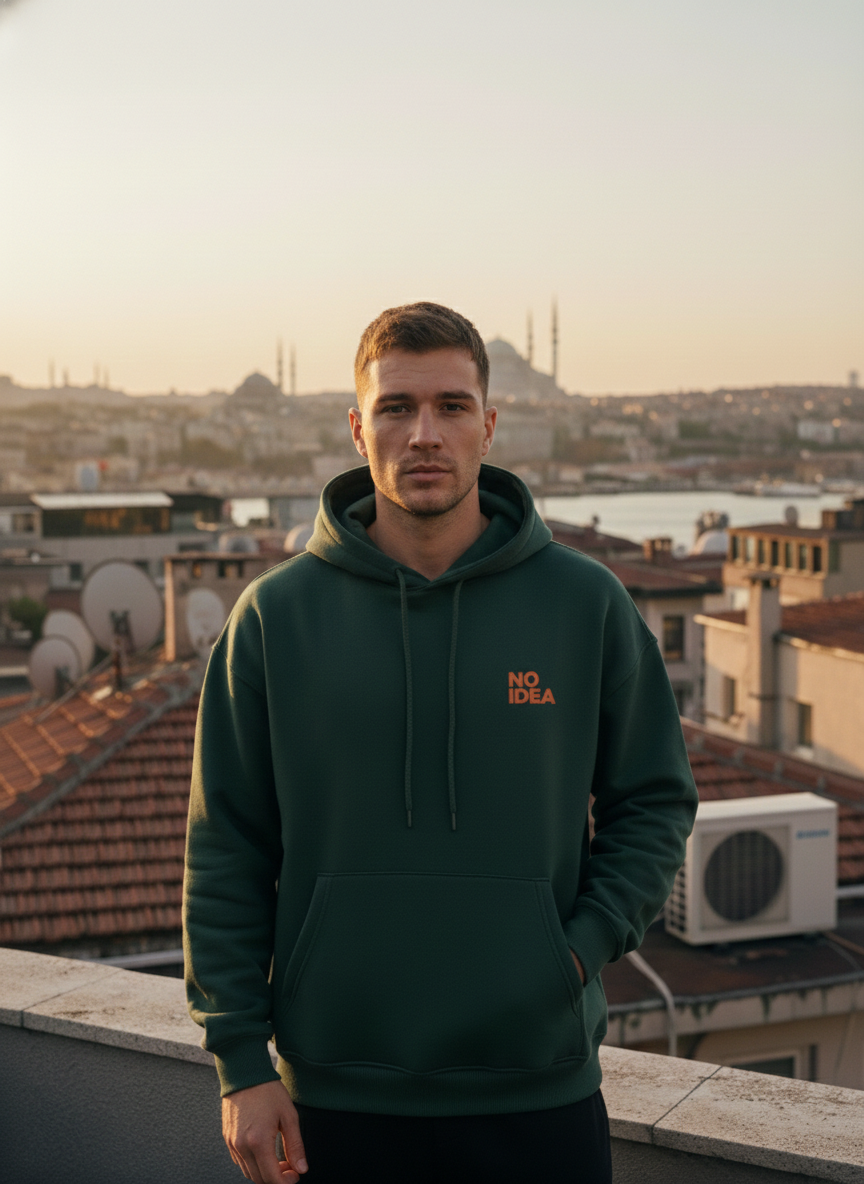 "No İdea Bird" Baskılı Oversize Kapüşonlu Sweatshirt - Koyu Yeşil