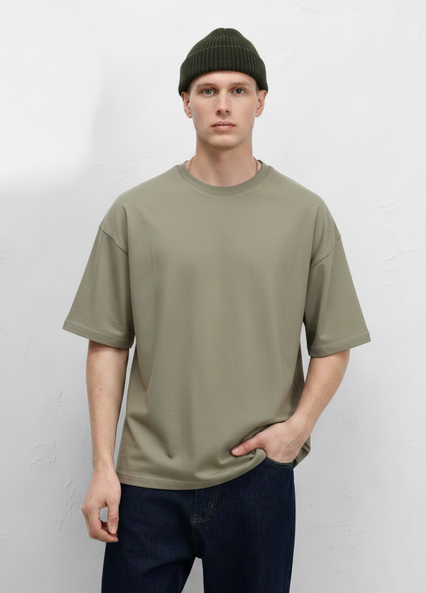 Haki - Basic Oversize Bisiklet Yaka Tişört