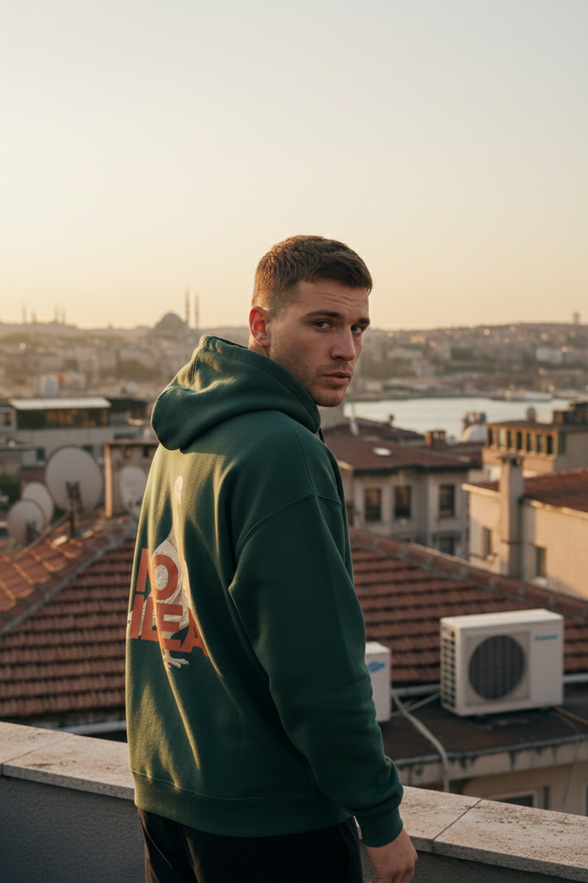 "No İdea Bird" Baskılı Oversize Kapüşonlu Sweatshirt - Koyu Yeşil