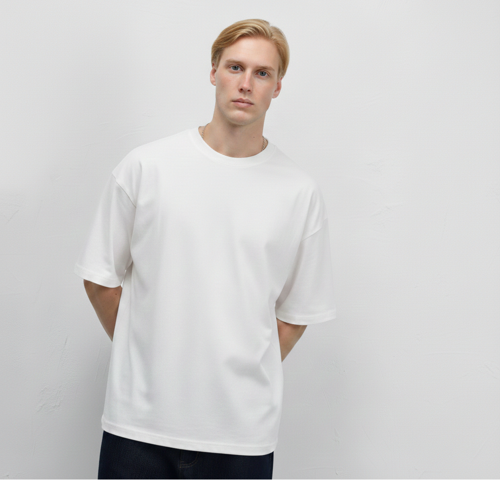 Beyaz - Basic Oversize Bisiklet Yaka Tişört