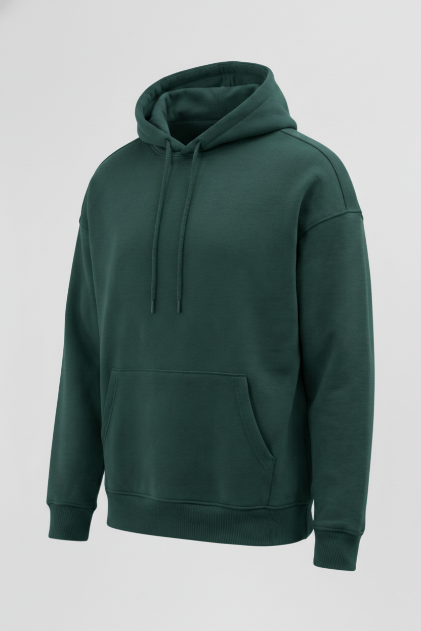 Koyu Yeşil - Basic Oversize Kapüşonlu Sweatshirt