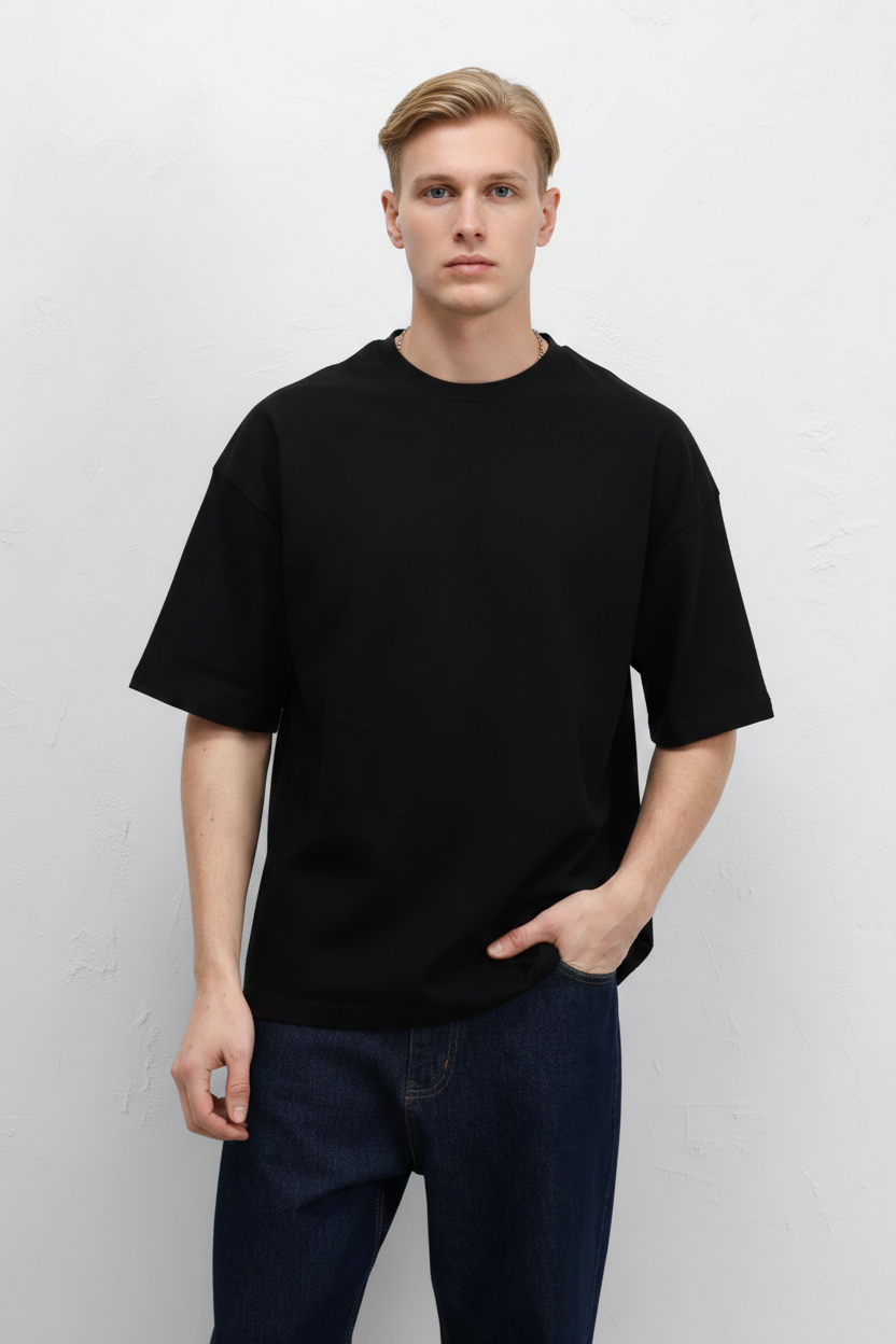 Beyaz - Basic Oversize Bisiklet Yaka Tişört