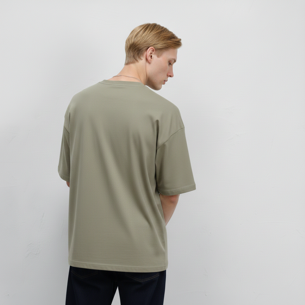 Haki - Basic Oversize Bisiklet Yaka Tişört