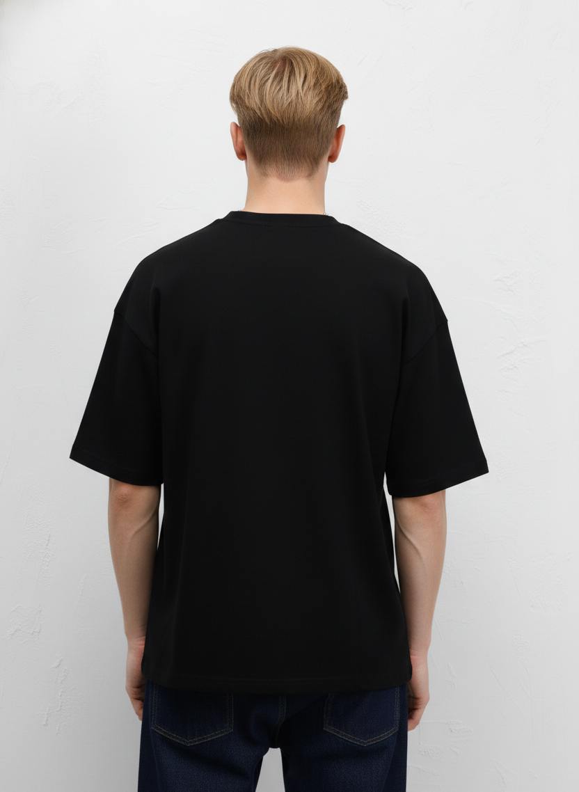 Siyah - Basic Oversize Bisiklet Yaka Tişört