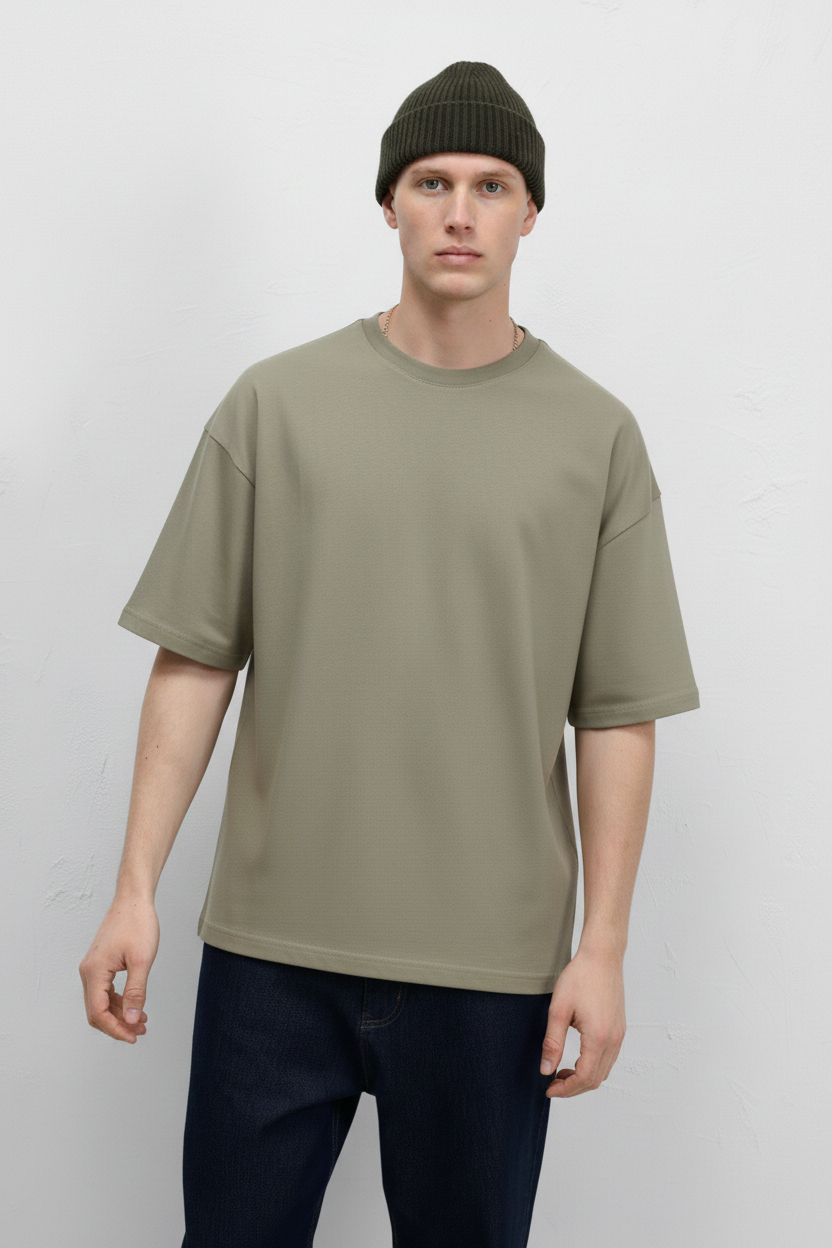 Haki - Basic Oversize Bisiklet Yaka Tişört