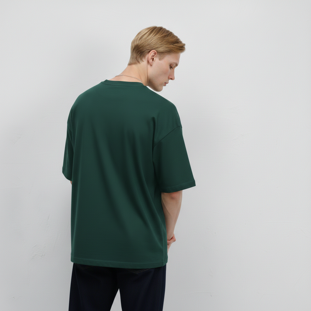 Petrol Yeşili - Basic Oversize Bisiklet Yaka Tişört