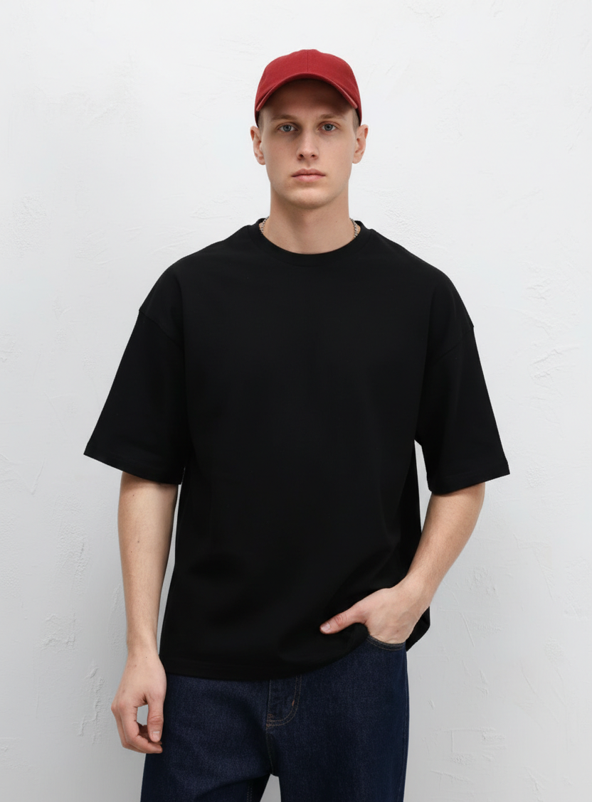 Siyah - Basic Oversize Bisiklet Yaka Tişört