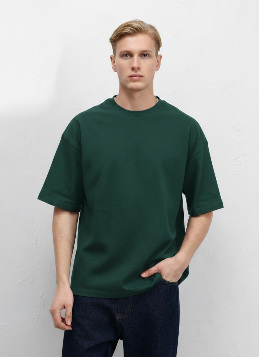 Petrol Yeşili - Basic Oversize Bisiklet Yaka Tişört